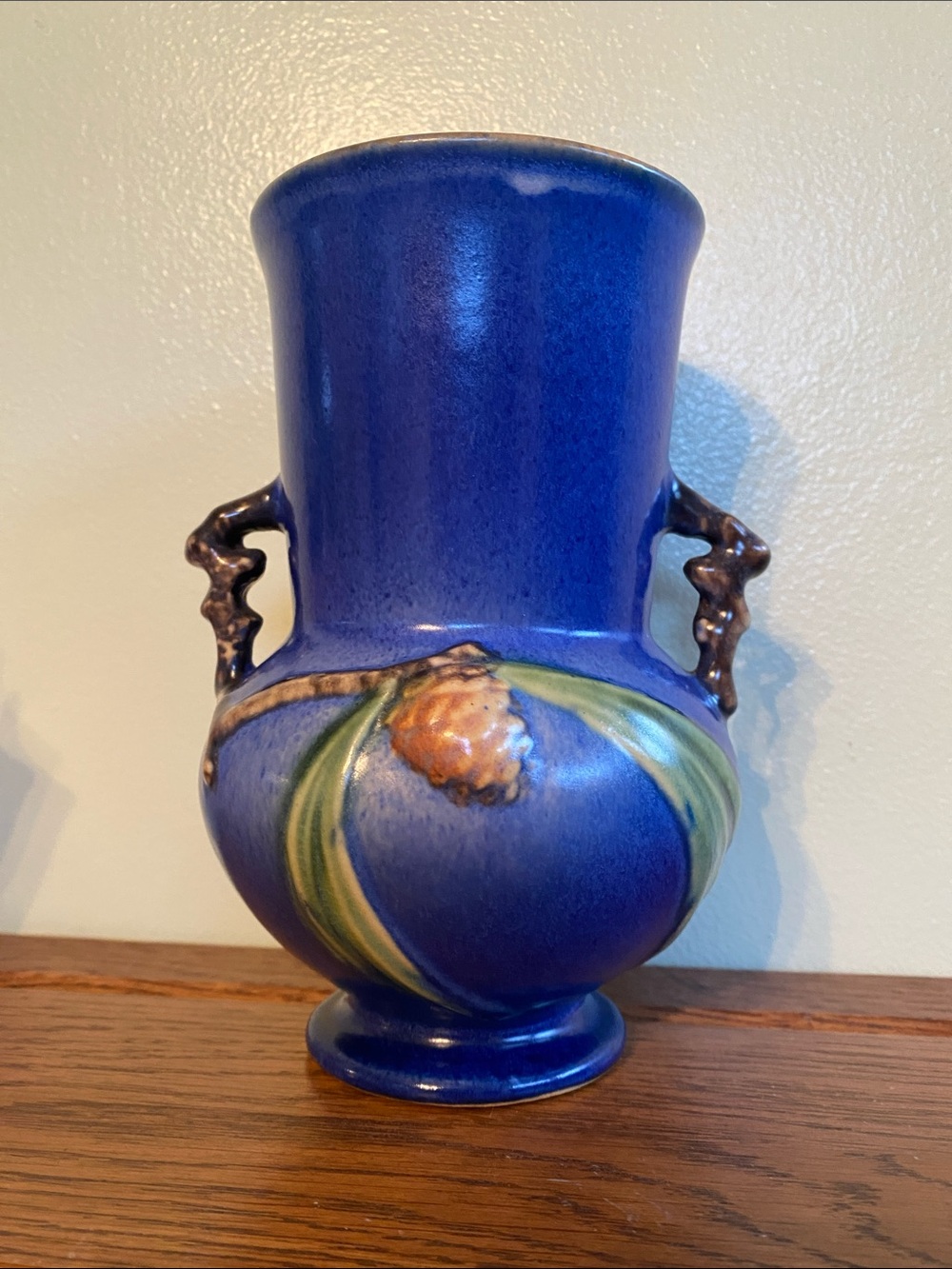 Vintage Blue Roseville Vase with Pinecone Accents 839-6 - Picture 3 of 16